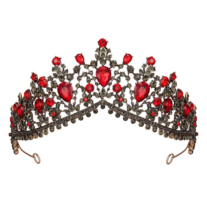 SWEETV Gothic Red Tiaras and Crowns for Women Wedding Tiara for Bride Crystal Princess Tiara Ruby Queen Crown Costume Party Hair Accessories for Brithday Prom Halloween